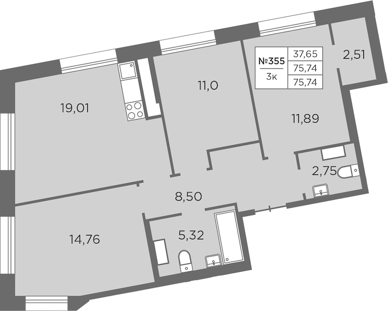 3-комнатная квартира 75.74 м², 7/8 эт., ЖК «Северная Корона»